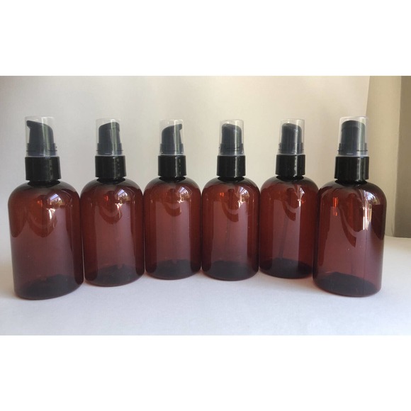 6 Empty 4 oz 4" Amber Plastic PET Boston Round Bottles Treatment pump20-410 neck - Picture 1 of 5
